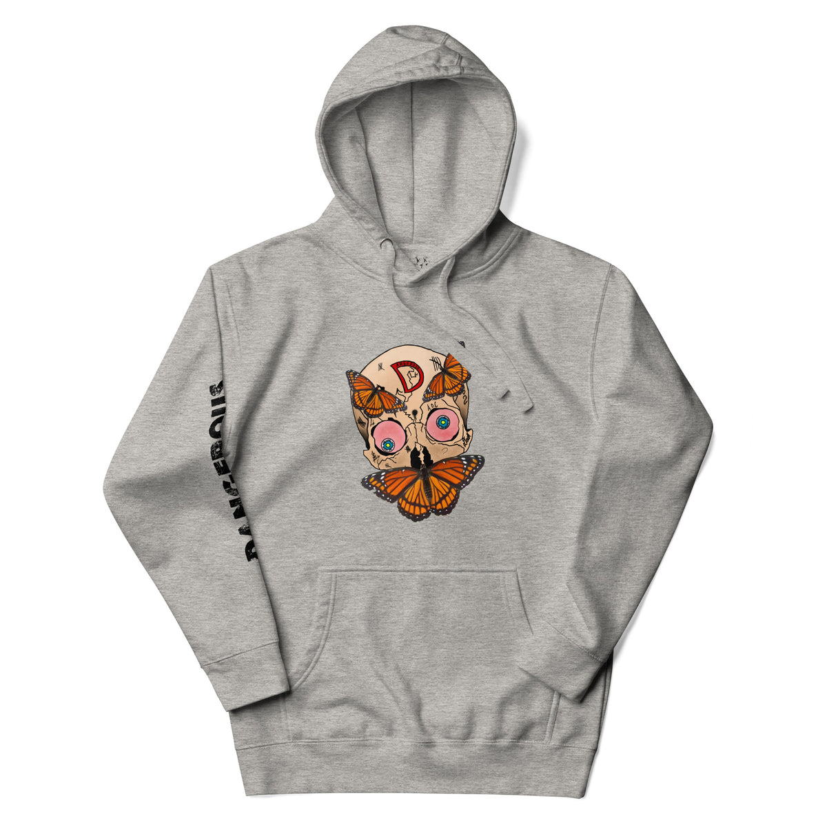 Monarch Skull Unisex Hoodie in carbon grey, front view