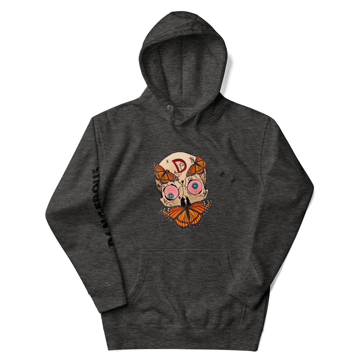 Monarch Skull Unisex Hoodie in charcoal heather, front view