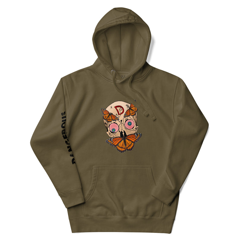 Monarch Skull Unisex Hoodie in military green, front view with skull and butterfly artwork